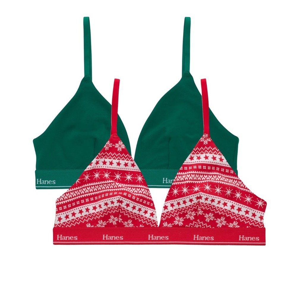 Hanes Women's Red Green Fair Isle Holiday 2-Pack Triangle Bralette Size XL